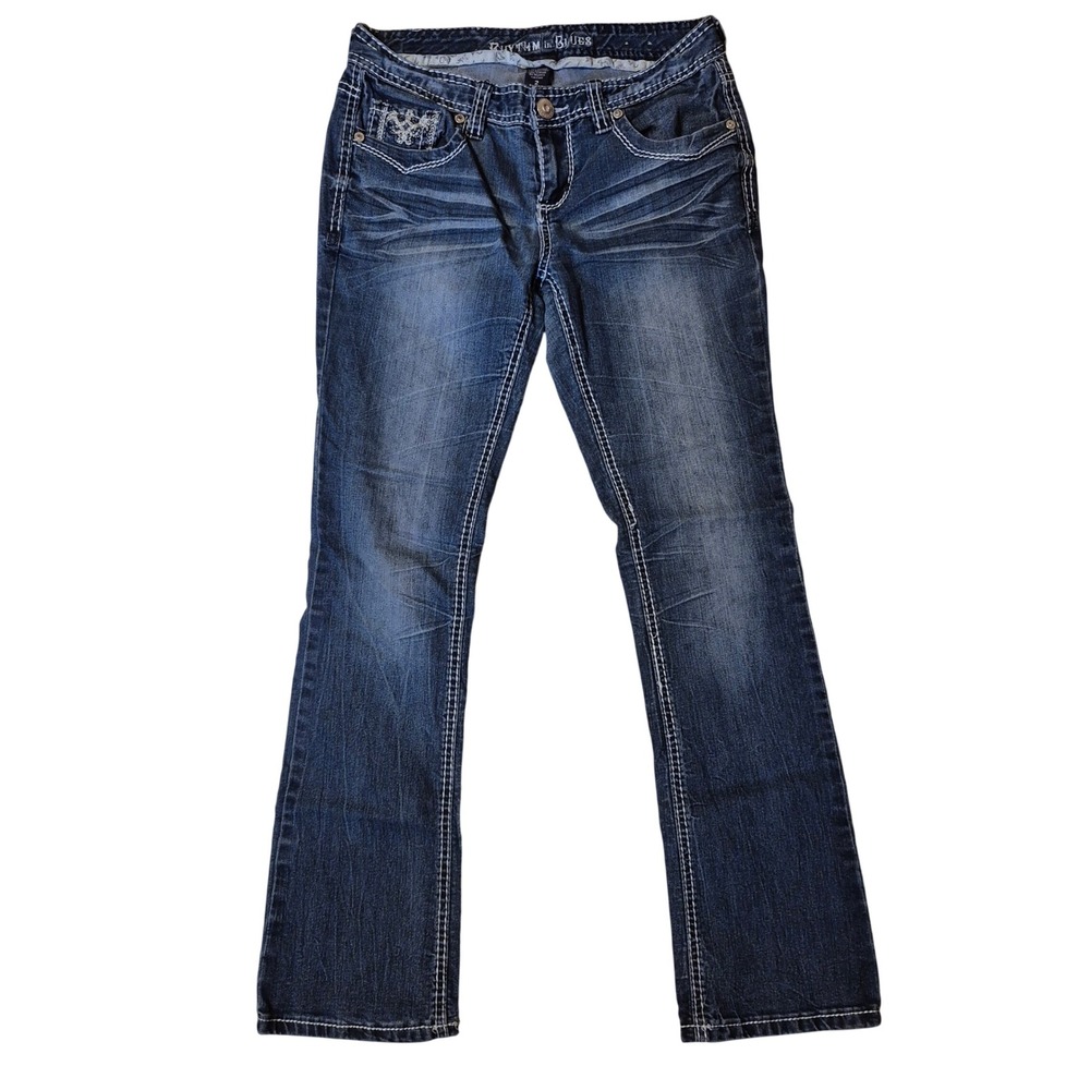 Rhythm In Blues Y2K Bootcut Jeans Women Size 2 Short Dark Wash Embroidered Denim